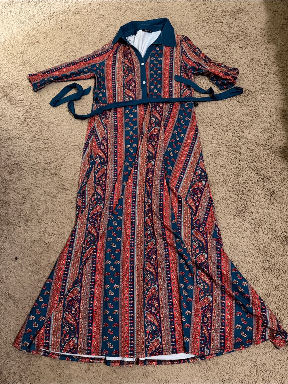 Boho Stripe Paisley Maxi Shirt Dress - Teal and Rust